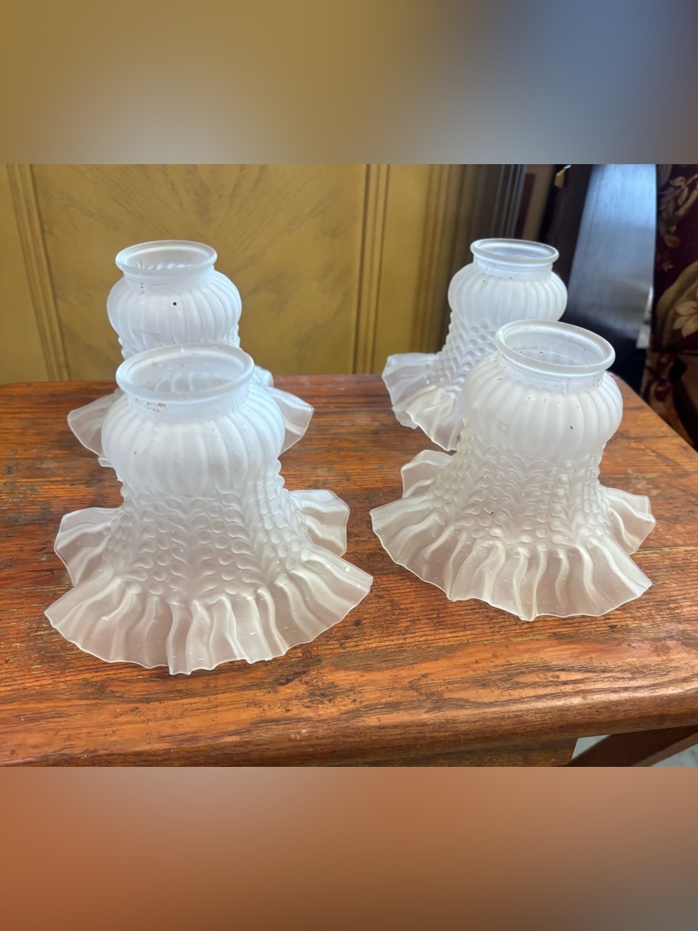 Vintage Frosted White Ruffled Glass Lamp or ceiling fan Shades – Set of 4